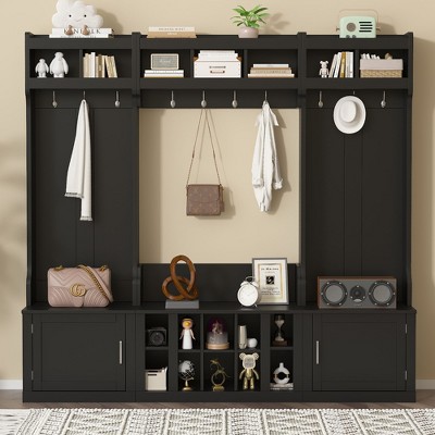 CAVINAS Hall Tree with Cube Storage Modern Wide Coat Rack with Bench, 10 Hooks and Doors for Foyer