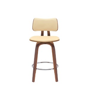 HomeRoots 26" Cream And Wood Brown Faux Leather Swivel Low Back Counter Height Bar Chair - 1 of 4