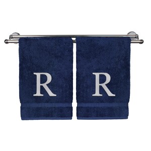BC BARE COTTON Monogrammed Hand Towel, 100% Turkish Cotton - Set of 2 - Navy - White Block - 1 of 4