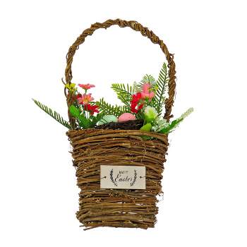 National Tree Company Artificial Woven Basket, Decorated with Colorful Flower Blooms, Leafy Greens, Easter Collection, 15 Inches