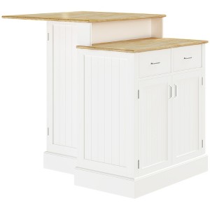 HOMCOM Kitchen Island with Storage Cabinet and 2-Level Rubber Wood Tabletop, Island Table with Adjustable Shelves and Drawers, White - 1 of 4