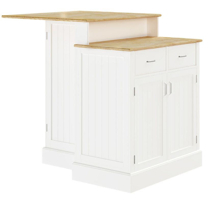 HOMCOM Kitchen Island with Storage Cabinet and 2-Level Rubber Wood Tabletop, Island Table with Adjustable Shelves and Drawers, White, 1 of 7