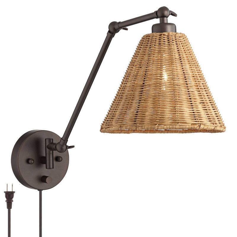 Barnes and Ivy Rowlett Wall Lamp Bronze Plug-in 3" Light Fixture Swing Arm Adjustable Natural Rattan Shade for Bedroom Reading Living Room House, 1 of 10