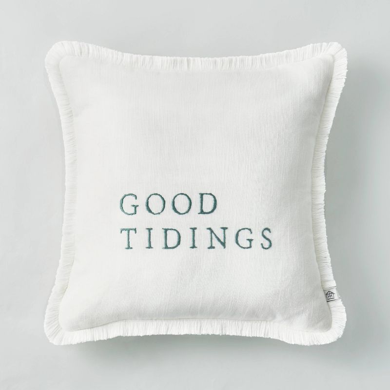 14&#34; x 14&#34; Embroidered &#39;Good Tidings&#39; Decor Pillow Green/White - Hearth &#38; Hand&#8482; with Magnolia, 1 of 6
