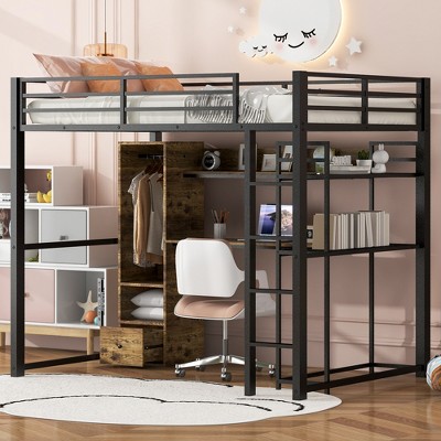 LOVMOR Full Size Metal Loft Bed with Built-in Wardrobe, Drawer, Desk and Shelves, Black