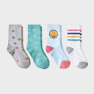 Girls' 4pk Super Soft ' Smiley' Crew Socks - Cat & Jack™ - 1 of 3