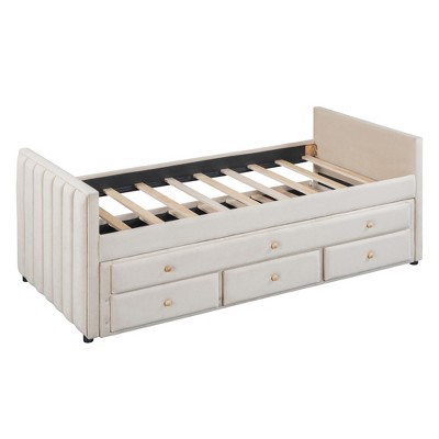 HomeRoots Beige Tufted Velvet Upholstered Twin Day Bed With Trundle And Drawers