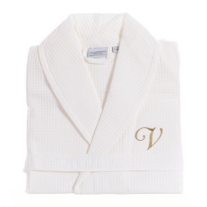 Linum Home Textiles 100% Turkish Cotton Unisex Personalized Waffle Weave White Bathrobe in Gold Script Font - 1 of 1