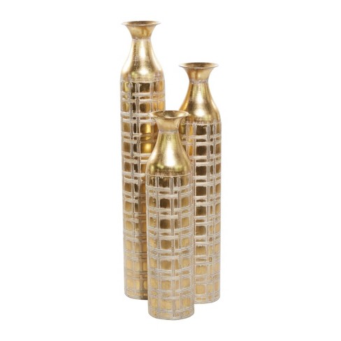 Set Of 3 Metal Tall Distressed Metallic Vase With Etched Grid