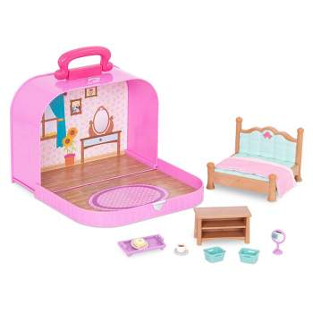 Li'l Woodzeez Toy Furniture Set in Carry Case 13pc - Travel Suitcase Bedroom Playset