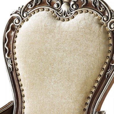 Latisha Antique Oak and Gray Upholstered Arm Chair with Silver Detailing