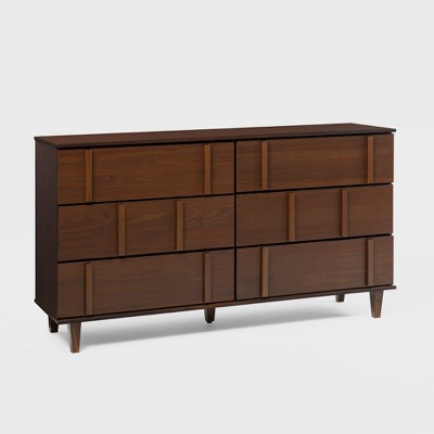 Saracina Home Modern Vertical Accent Solid Wood 6 Drawer Double Dresser Walnut