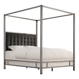 Queen Manhattan Black Nickel Canopy Bed with Biscuit Tufted Headboard Charcoal - Inspire Q: Linen Upholstery, Metal Frame - 1 of 3