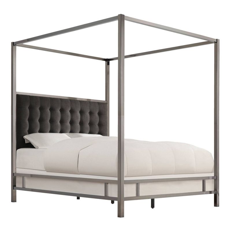 Queen Manhattan Black Nickel Canopy Bed with Biscuit Tufted Headboard Charcoal - Inspire Q, 1 of 4