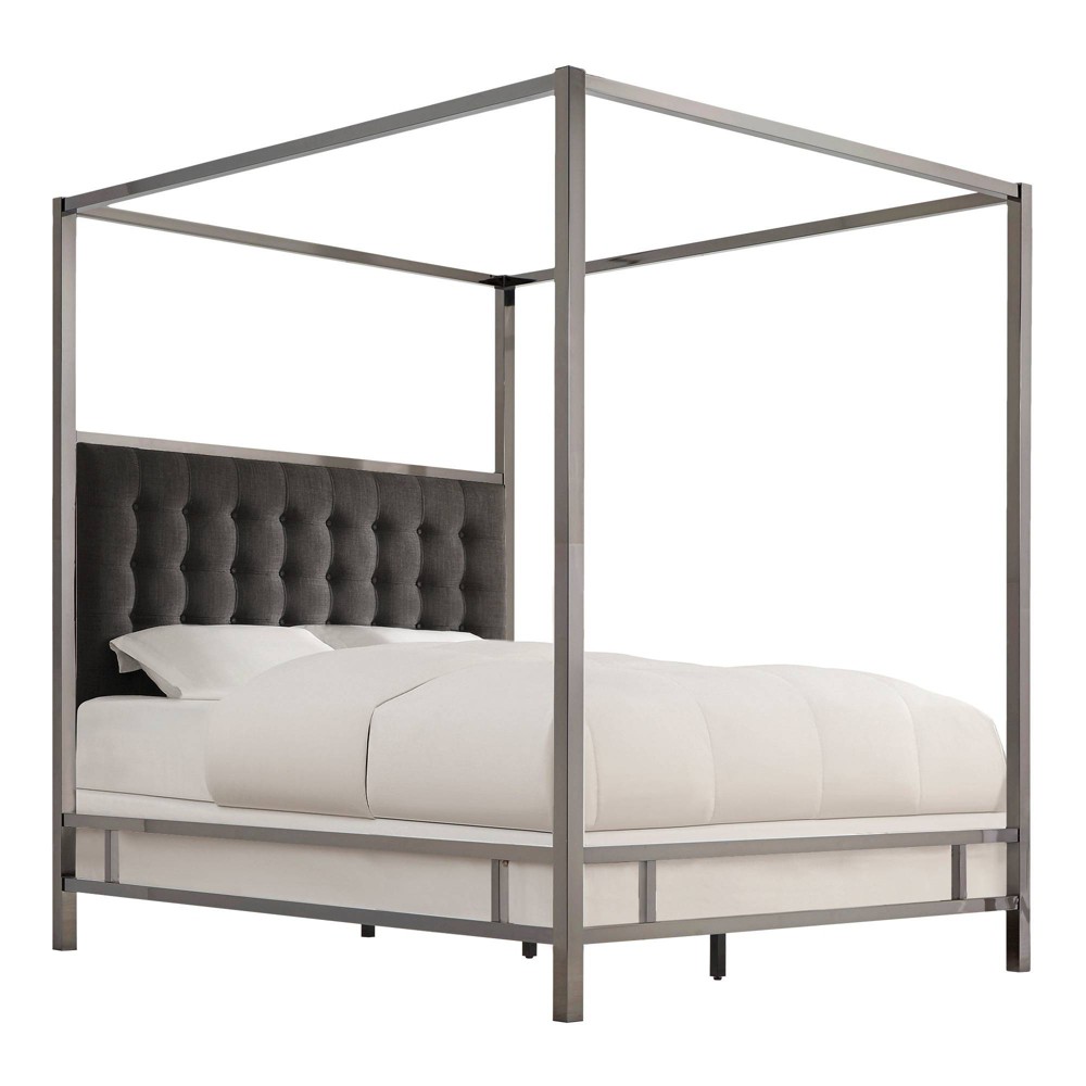 Photos - Bed Frame Queen Manhattan Black Nickel Canopy Bed with Biscuit Tufted Headboard Char