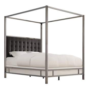 Queen Manhattan Black Nickel Canopy Bed with Biscuit Tufted Headboard Charcoal - Inspire Q