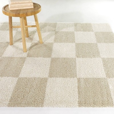 Reinhart Beige Checkered Rectangular Stain-Resistant Synthetic Area Rug