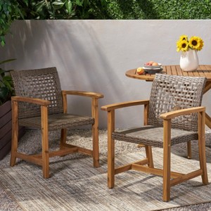 MOEPISY Set of 2 Outdoor Wood And Wicker Dining Chair Brown - 1 of 4