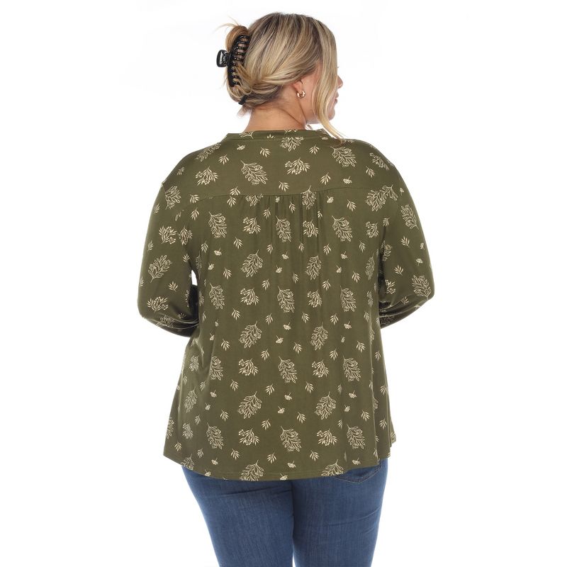 Plus Size Pleated Long Sleeve Leaf Print Blouse, 3 of 6