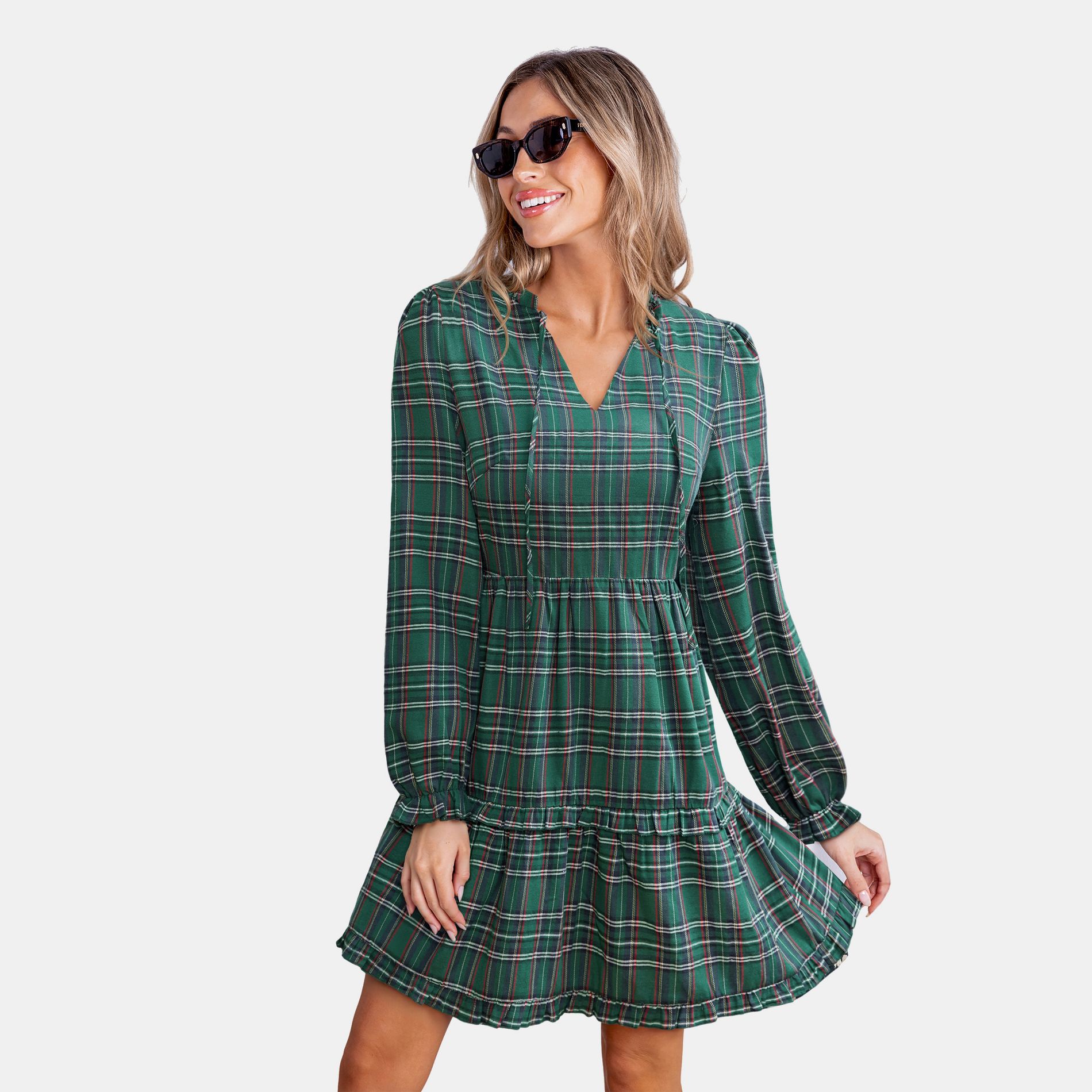 Women's Chic Plaid Tiered Dress with Ruffled Hem - Cupshe-XL-Green