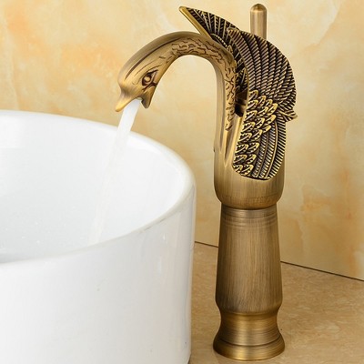 Antique Brass Swan Single Handle Bathroom Faucet with Pop-Up Drain
