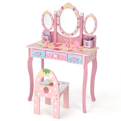 Costway Kids Vanity Princess Makeup Dressing Table Chair Set w/ Tri-fold Mirror Pink