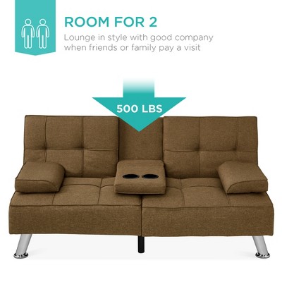 Modern Brown Linen Convertible Sleeper Sofa with Metal Legs and Cup Holder