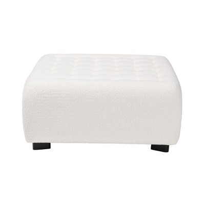 Ivory Boucle Upholstered Box Tufted Ottoman with Black Wood Legs