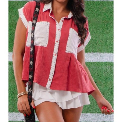 Women's Colorblock Button Down Shirt - Peach Love