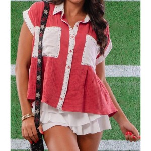 Women's Colorblock Button Down Shirt - Peach Love - 1 of 3