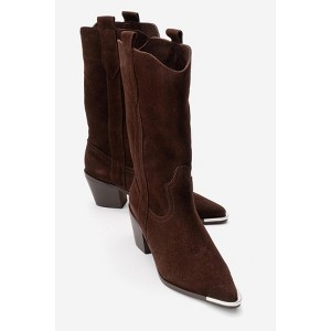 ALVI - Brown Genuine Suede Block Heel Western Boot (Women) brown suede 5.5 Forever & Always Shoes US - 1 of 4