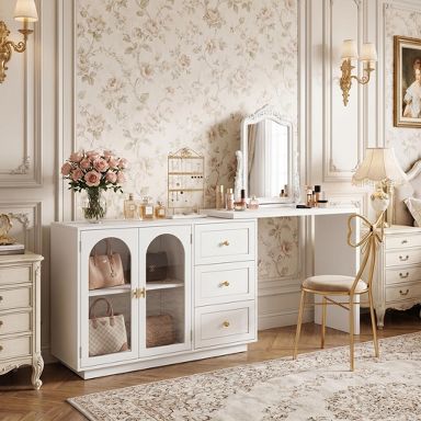 Heynemo Makeup Vanity Desk, Extendable Corner Vanity Makeup Table with 3 Drawers & 2 Doors, Modern Dressing Table for Bedroom