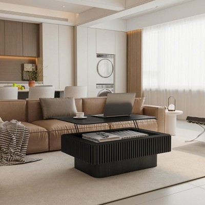 38'' Rectangle Fluted Lift Top Coffee Table with Storage,Adjustable Height Coffee Table with Solid Wood Veneer for Living Room Office-Coolbibila