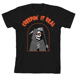 Kids Halloween Peace Sign Grim Reaper Creepin' It Real Unisex Youth Black Short Sleeve Crew Neck Tee - 1 of 3