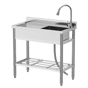 GustoWave Freestanding Single Bowl Kitchen Sink with Faucet and Drainboard, Silver - 1 of 4