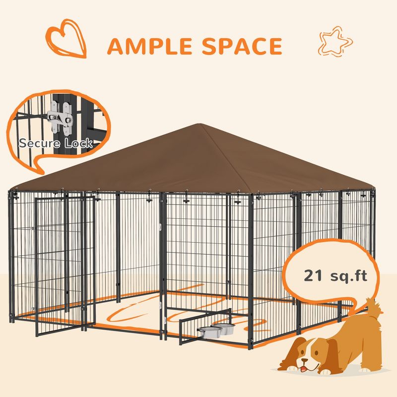 PawHut Outdoor Dog Kennel, Puppy Play Pen with Canopy Garden Playpen Fence Crate Enclosure Cage Rotating Bowl, Black, 5 of 7