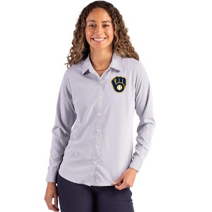 Milwaukee Brewers Cutter & Buck Skyline Epic Confidence Recycled Pinstripe Womens Long Sleeve Dress Shirt - 1 of 1