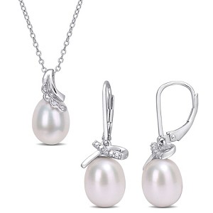 EVERLY JEWELRY|Sterling Silver 7.5-8 and 8.5-9mm Cultured Freshwater Pearl & Diamond Accent Leverback Earrings and Pendant 2-Piece Set-18in - 1 of 3