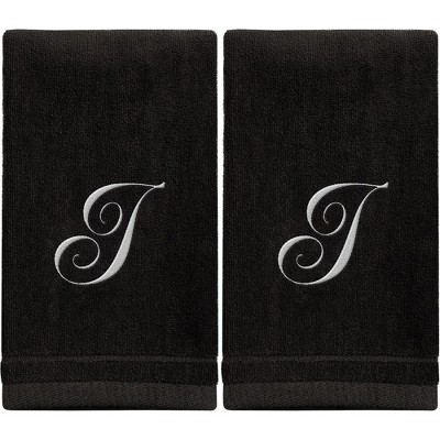 Creative Scents Black Fingertip Monogrammed Towels White Embroidered