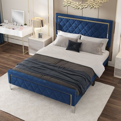 FUFU&GAGA Queen - Size Tufted Upholstered Platform Bed with Gold Accents - Luxe Modern Bedroom Centerpiece