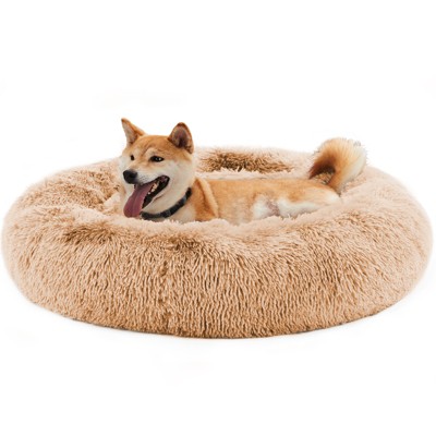 DOMETOUR 19 Inch Anti-Slip Round Fluffy Plush Faux Fur Cat Bed Fits up to 15 lbs Pets