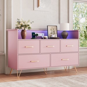 5 Drawer Dresser for Bedroom, Modern Dresser with Led Lights & Charging Station, Compact Wood Chest of Drawers Clothes Storage Organizer - 1 of 4