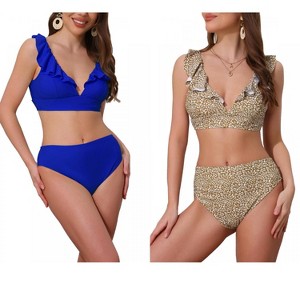 INSPIRE CHIC Women's Ruffle Trim V Neck Wide Strap Drawstring Tie Back Top Triangle Bottom Bikini Sets 2 Sets - 1 of 4