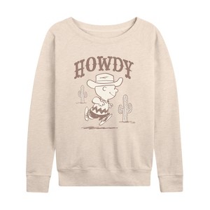 Women's - Peanuts - Howdy Charlie Brown-Women's French Terry Long Sleeve Shirt Lightweight French Terry Wide Neck Long Sleeve Shirt - 1 of 4
