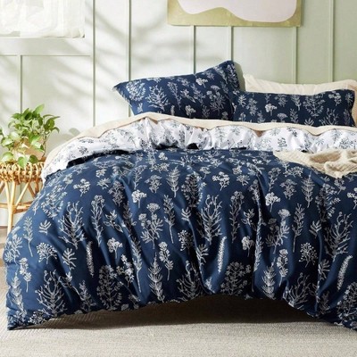 Reversible Navy Blue King Duvet Cover Set with Zipper, 3 Pieces Floral Bedding, 8 Corner Ties, 2 Pillow Shams