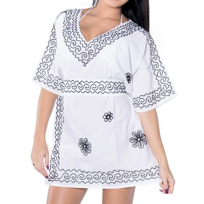LA LEELA Women's Summer Bathing Suit Cover-up Vacation Beachwear Mini Swim Suit Short Swing Dress for Women 1X-2X White, Solid