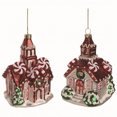 Transpac Glass Peppermint House Ornament Set of 2 Christmas Home Decorations