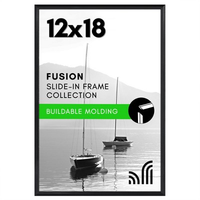 Americanflat 12x18 Poster Frame with Polished Front Cover - Slide-In Photo Frame with Buildable Molding - Fusion Collection - Picture Frames - Black