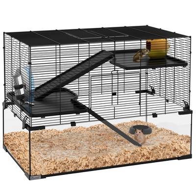 Pawhut Hamster Cage, Mouse Cage With Glass Basin, Ramps, Platforms, Hut 