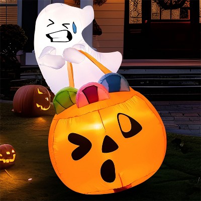 Joyfy 5 FT Halloween Inflatables Outdoor Decorations, Inflatable Cute Ghost Lift Pumpkin Candy Bag with LEDs for Halloween Yard Garden Lawn Decoration